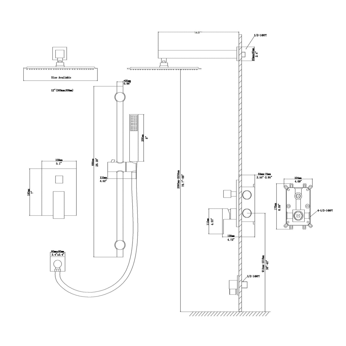 Wall Mounted Shower System With Adjustable Slide Bar And Rough In Valve, 12" Square Design - Brushed Nickel