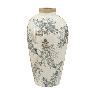 White Ceramic Accent Vase with Gray Floral Design - 11.6" Height