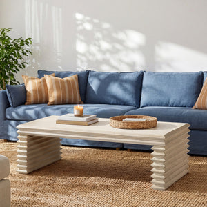 Veda 55' Reclaimed Wood Stacked Geometric Waterfall Coffee Table, Whitewashed Natural Reclaimed Pine Wood