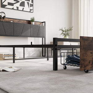 Upholstered Platform Bed with Storage and Charging Station in Vintage Brown and Gray