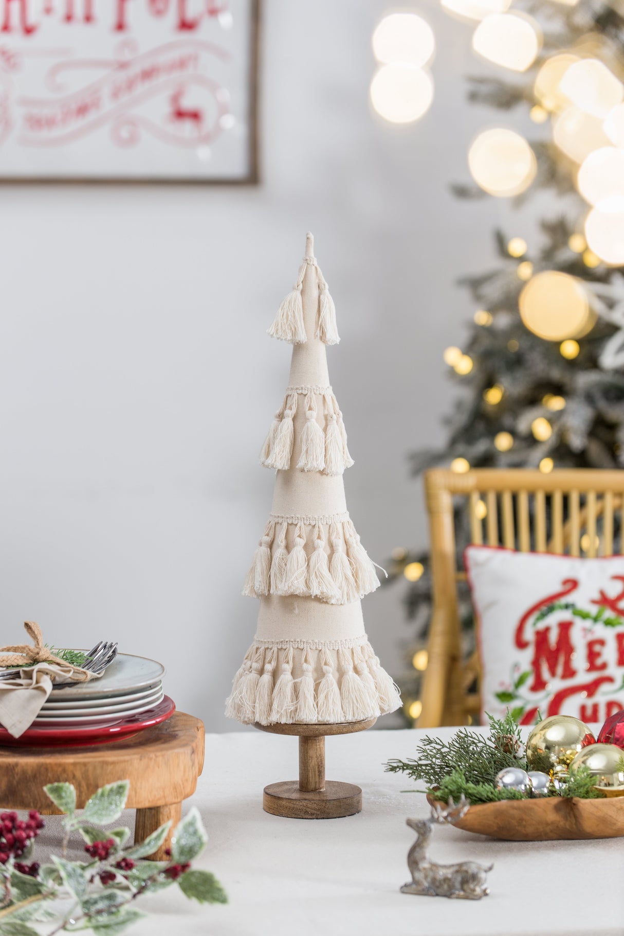 Fringes Embellished Cone With Wooden Base