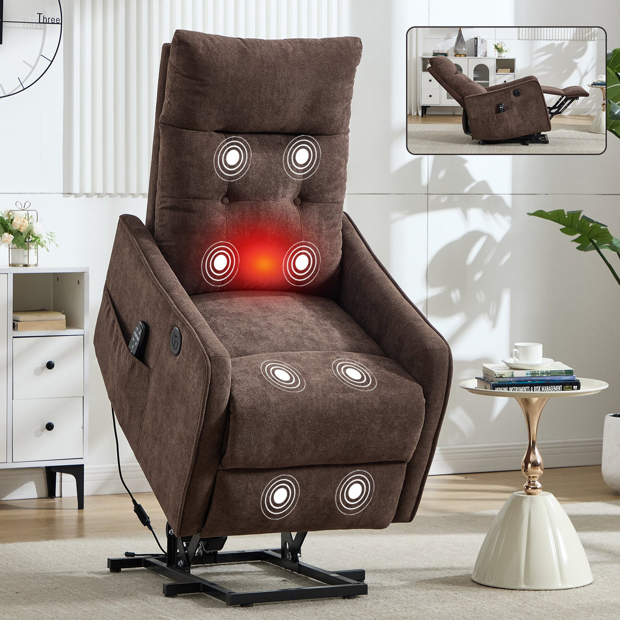 Brown Chenille Single Motor Power Lift Recliner Chair