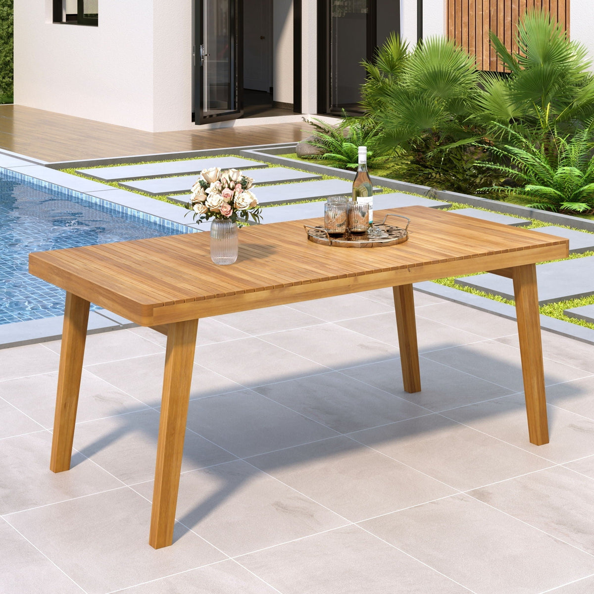Outdoor Dining Table With Slatted Top, Ideal For Patio
