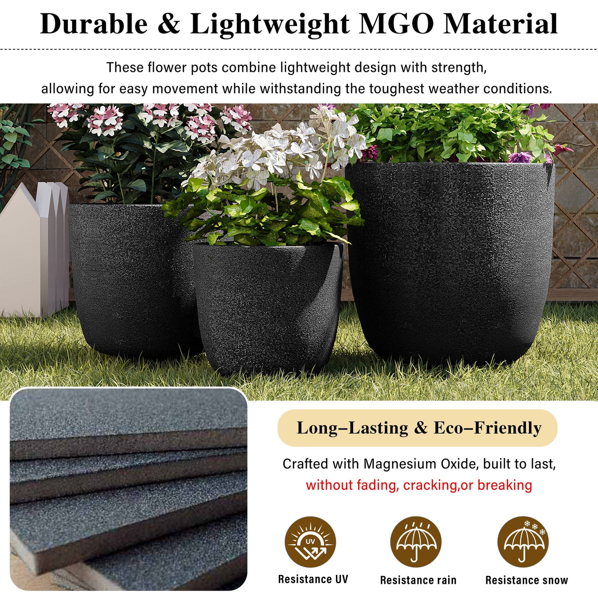 U_Style Lightweight Matte Textured MGO Flower Pot Set of 3
