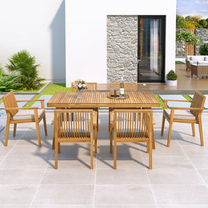 7 Piece Patio Furniture Set Acacia Wood Table and 6 Heavy Duty Cushioned Chairs