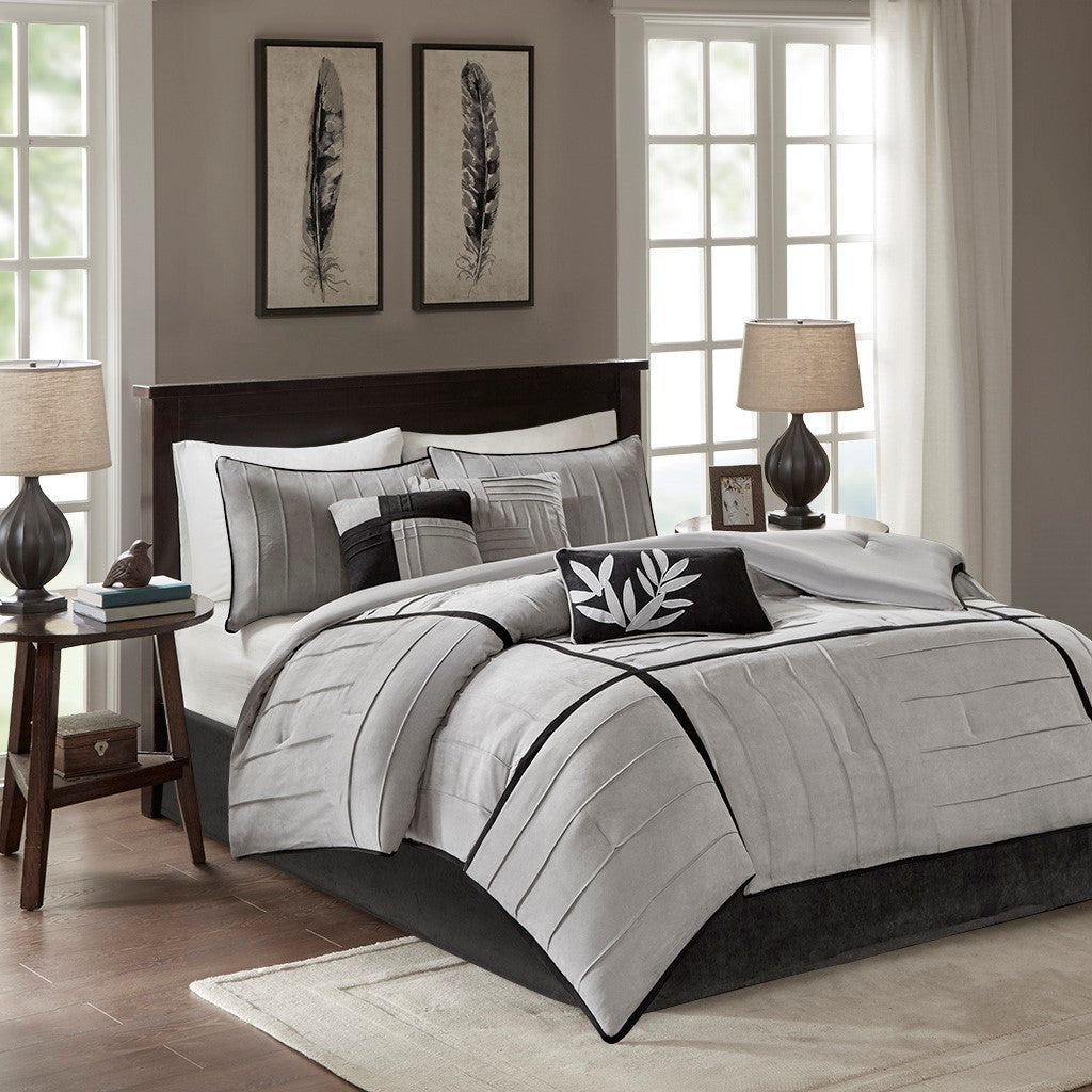 Grey Faux Suede 7 Piece Queen Comforter Set with Pintuck Detailing
