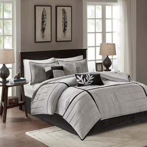 Grey Faux Suede 7 Piece Queen Comforter Set with Pintuck Detailing
