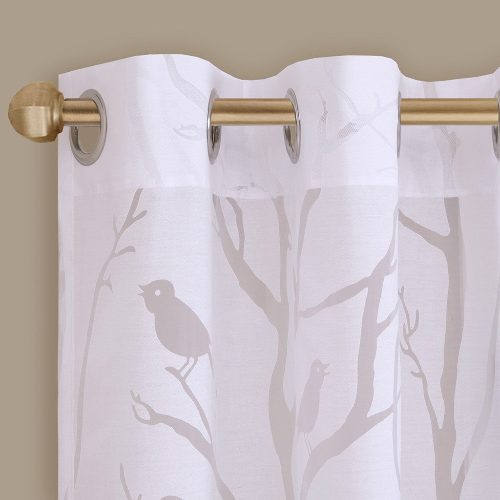 Sheer Bird on Branches Grommet Curtain Panel with Burnout Design - White