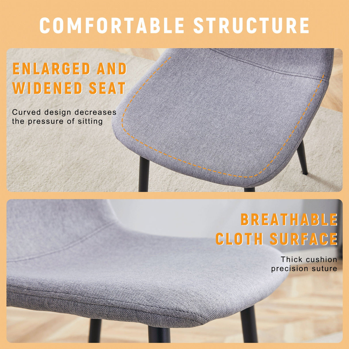 Luxury Simple Chair Linen Cotton High Resilience Dining Chair With Black Metal Legs (Set of 4) - Light Gray