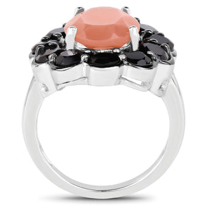 7.88 Carat Genuine Peach Moonstone and Black Spinel .925 Sterling Silver Ring