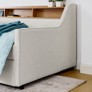 Upholstered Sofa Bed With LED Lights, Storage Headboard, Foldable Trundle & Wireless Charging