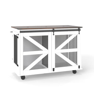 Mobile Dog Crate With Flip Top Feeding Door, Dual Access & 5 Caster System (2 Locking) - Brown White