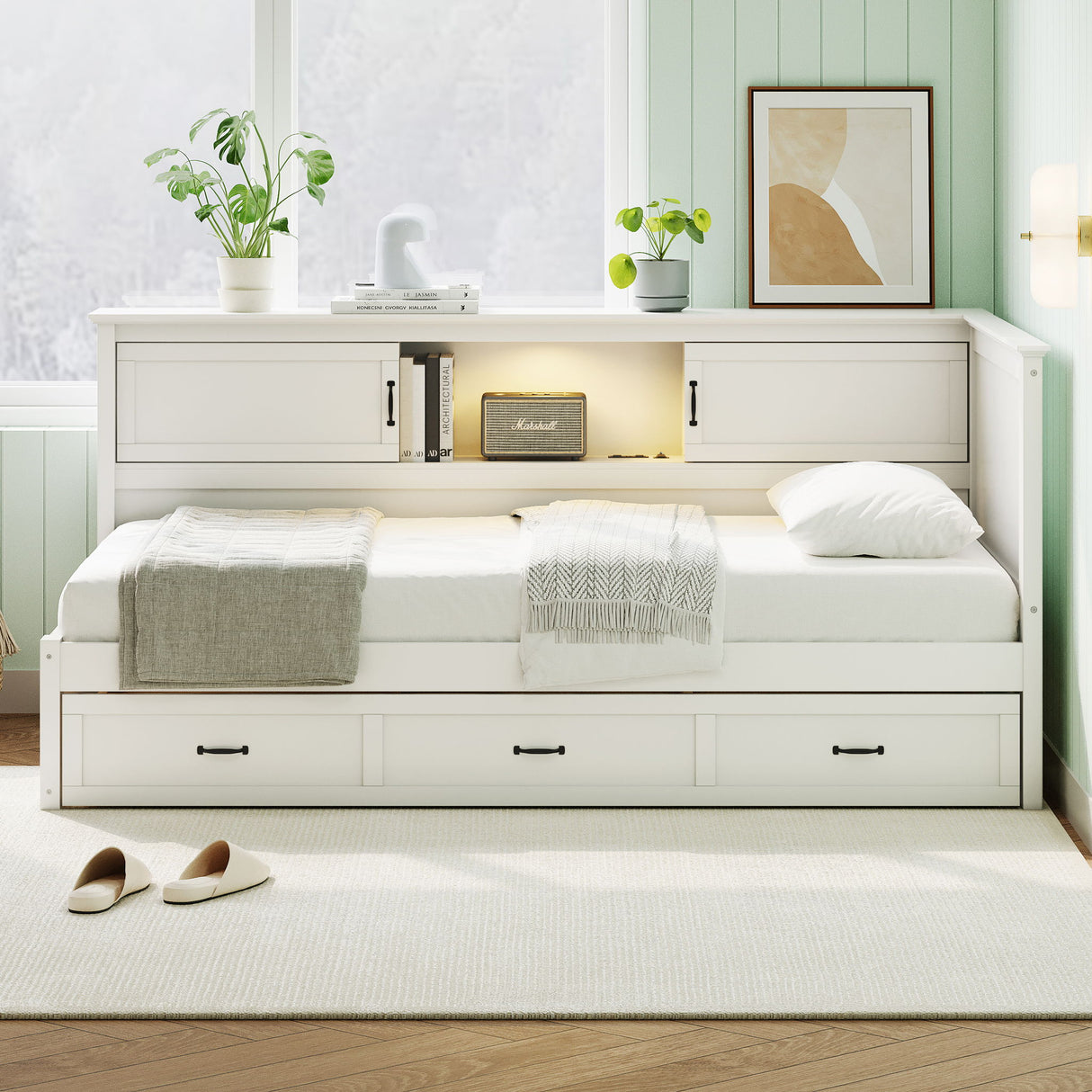 L Shaped Bed Frame With Drawer And And Bookcase With LED Downlight And USB Port