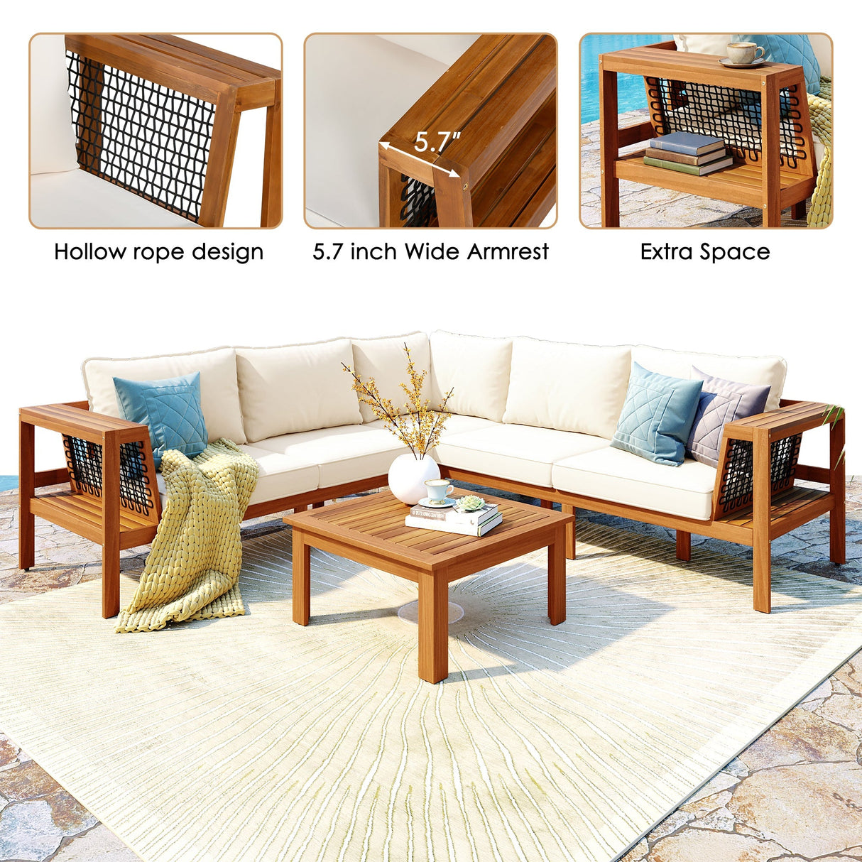 GO 4 Pieces Outdoor Acacia Wood Sofa Set with Coffee Table