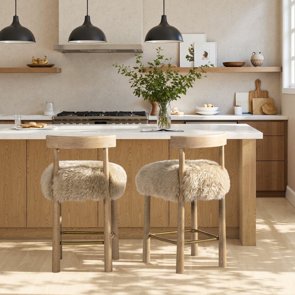 Genuine Fur Counter Height Bar Stool with Brass Footrest - Light Wood