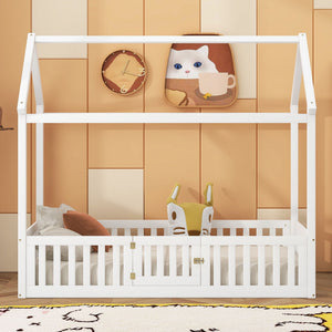 Wood House Bed With Fence And Door