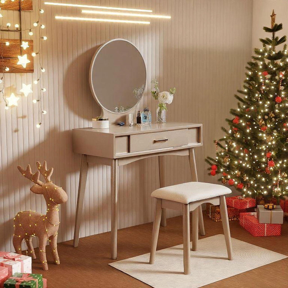 Maly - Contemporary Wood Vanity And Stool Set - Gold