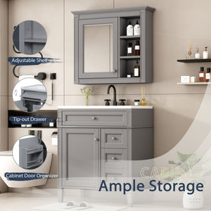 Bathroom Vanity With Top Sink, 2 Doors And 3 Drawers, Freestanding Set With Mirror Cabinet