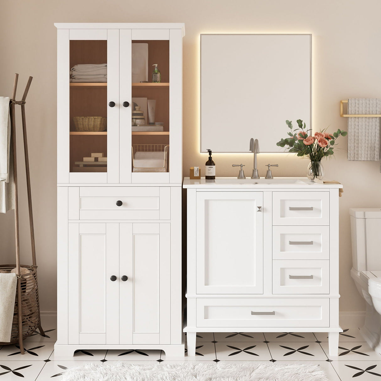 Bathroom Vanity & Tall Storage Cabinet Set With Doors, Adjustable Shelves, Soft Close Hinges, Sink
