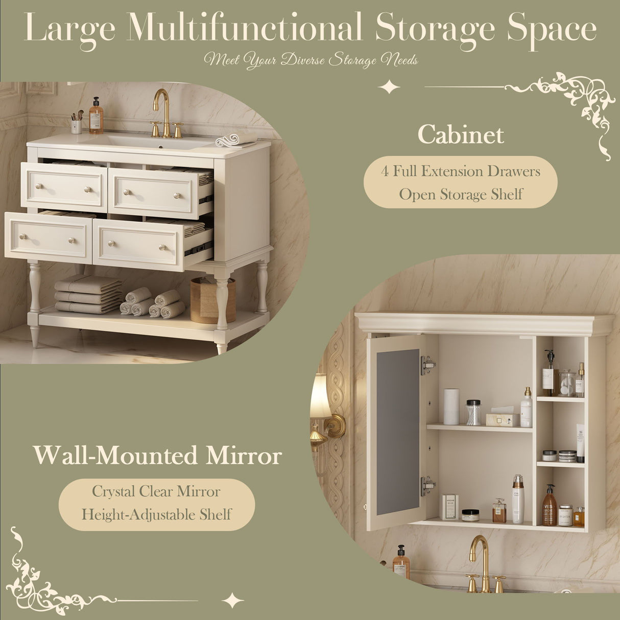 Bathroom Vanity With Medicine Cabinet, Storage Cabinet With 4 Drawers, Adjustable Shelf Mirror