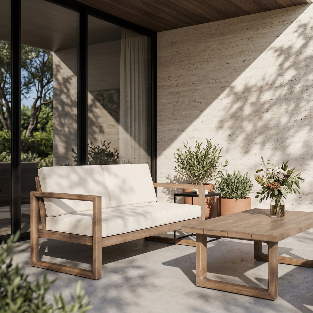 Outdoor Acacia Wood Loveseat and Coffee Table Set with Cushions