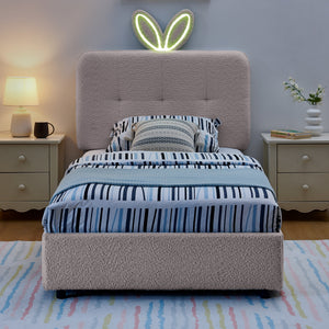 Twin Size Kids Upholstered Bed with Oversized Rabbit Ear Headboard, LED Light & 4 Storage Drawers, Boucle Fabric (79.5''X40.75''X41'')
