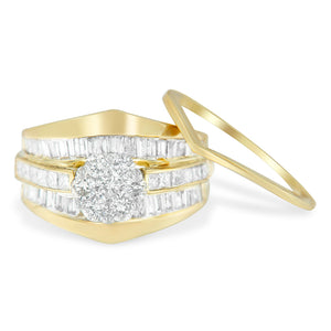 14K Yellow Gold 2-1/3 Cttw Diamond Cluster Channel Set Chevron Shaped Band Engagement Ring & Wedding Band Set
