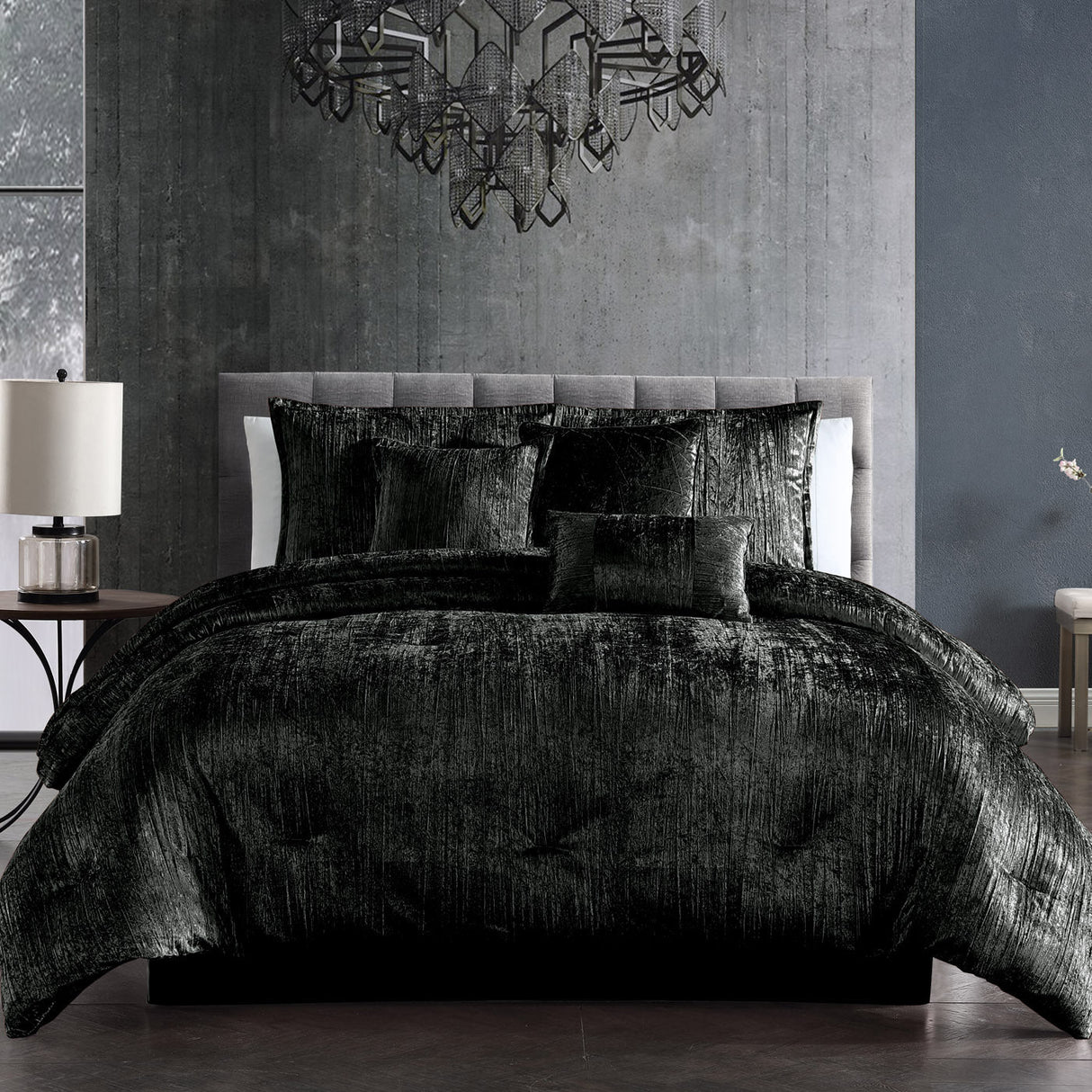 Turin 7 Piece Black Crinkle Velvet  Comforter Set
