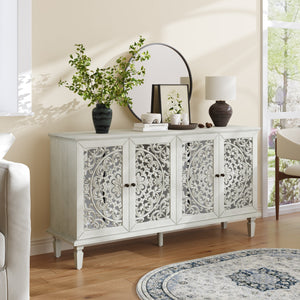 60" Antique Buffet Cabinet with Floral Carvings and Solid Wood Legs