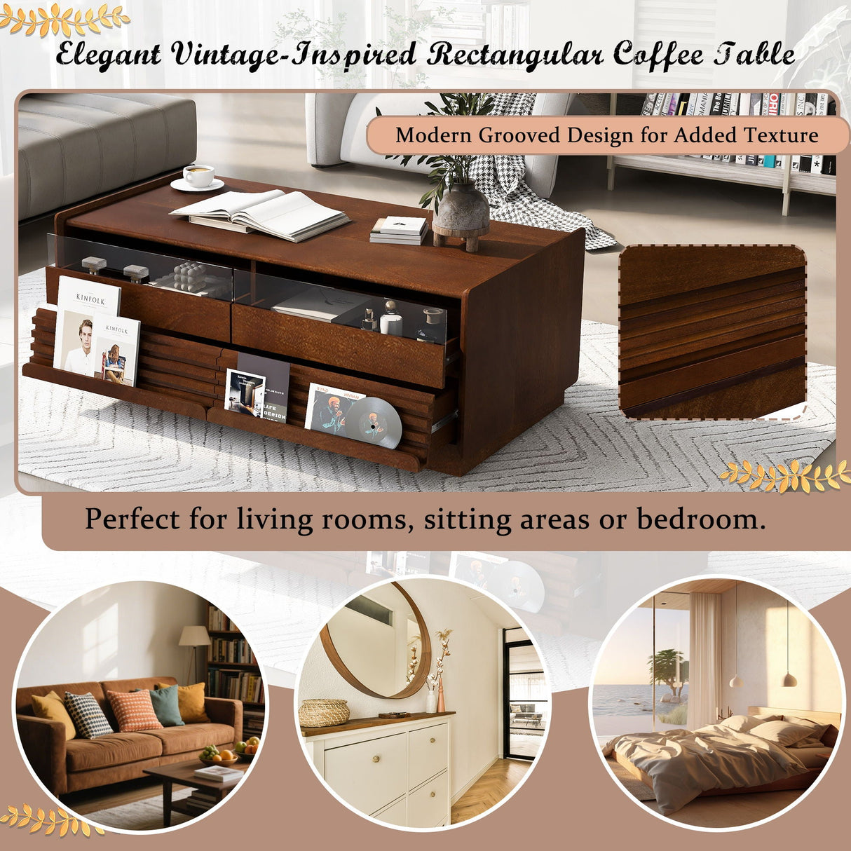 Modern Rectangle Coffee Table With 4 Drawers And 2 Display Shelves