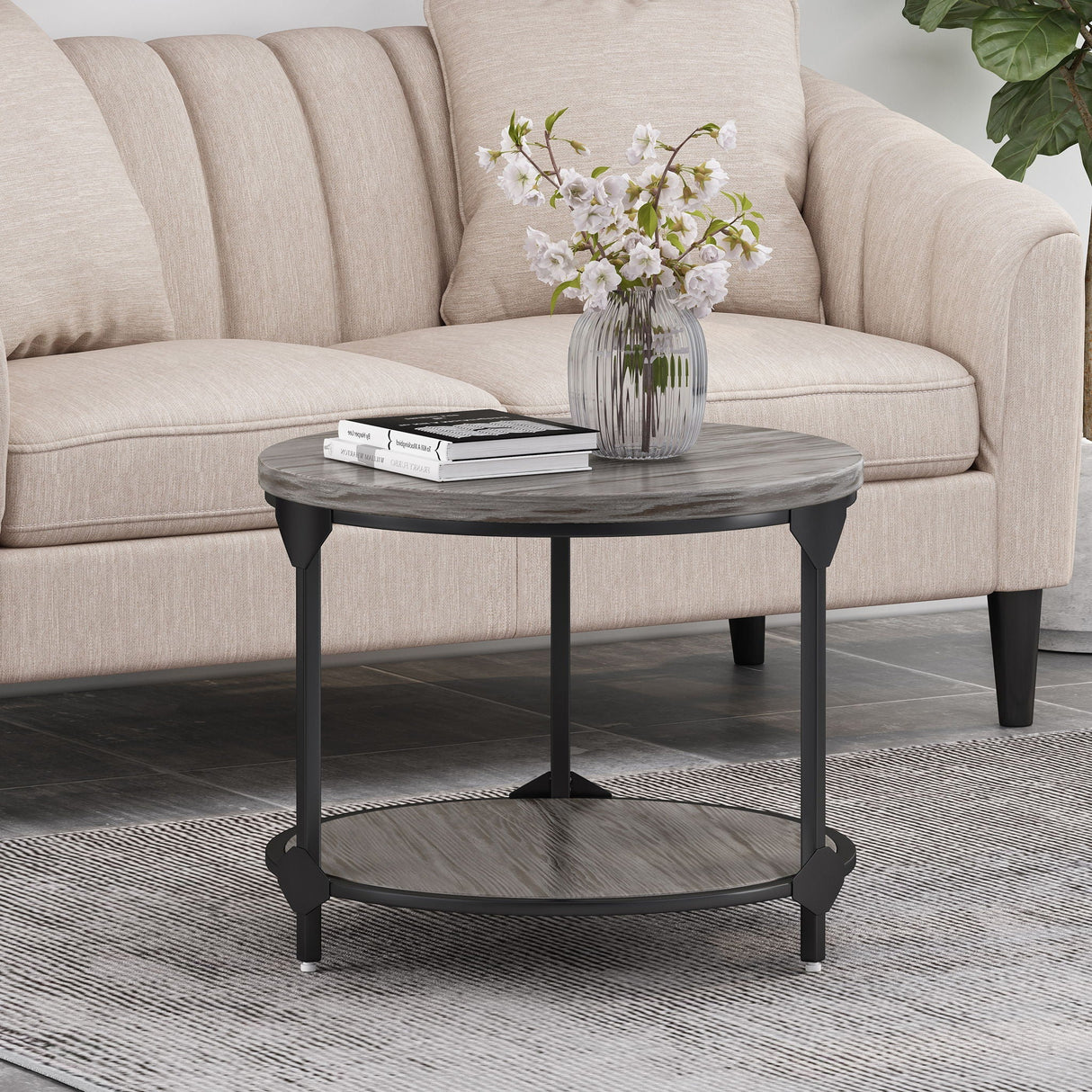 Coffee Table with Wood Patterned Tabletop and Iron Frame - Gray