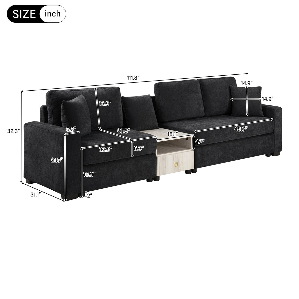 Modular Sofa Couch With Storage Armrest and Center Console