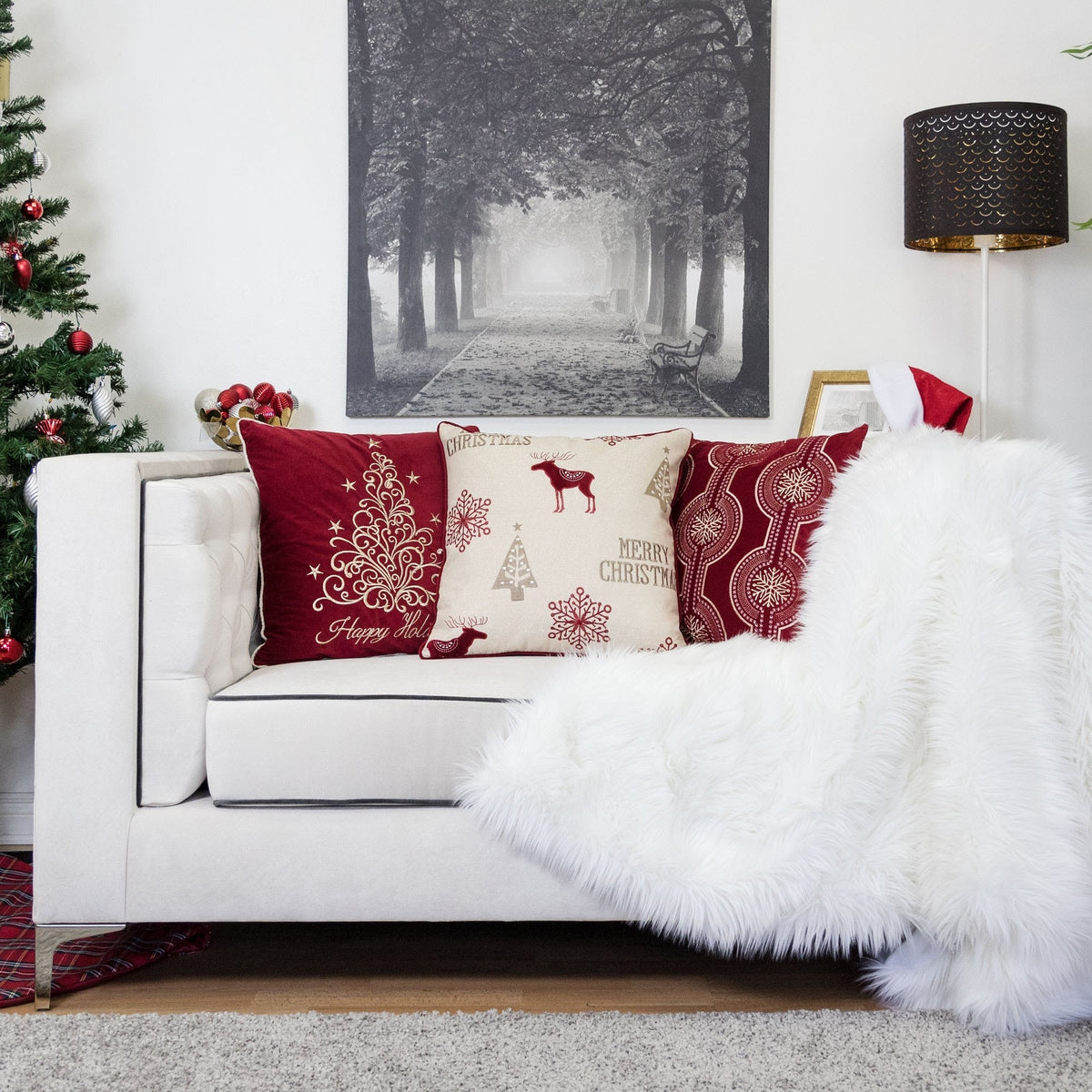 Merry Christmas Embroidered Poly Pillow with Festive Embroidery - Red