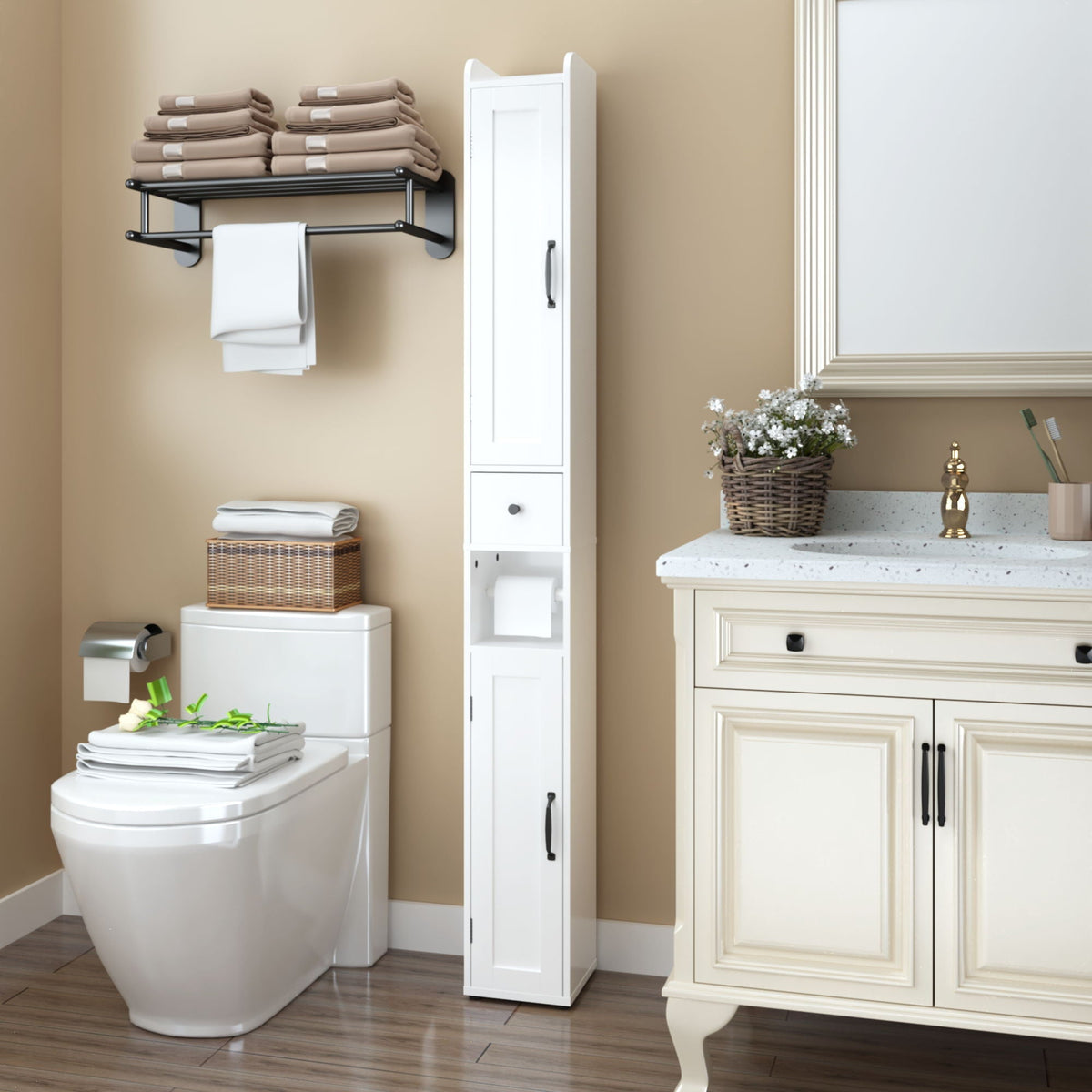 Slim Tall Bathroom Storage Cabinet With Adjustable Shelves, 2 Doors Freestanding Cabinet - White