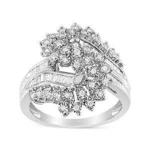 10K White Gold 1/2 Cttw Round and Baguette-Cut "S" Shaped Bypass Cocktail Ring (I-J Color, I1-I2 Clarity) - Size 7