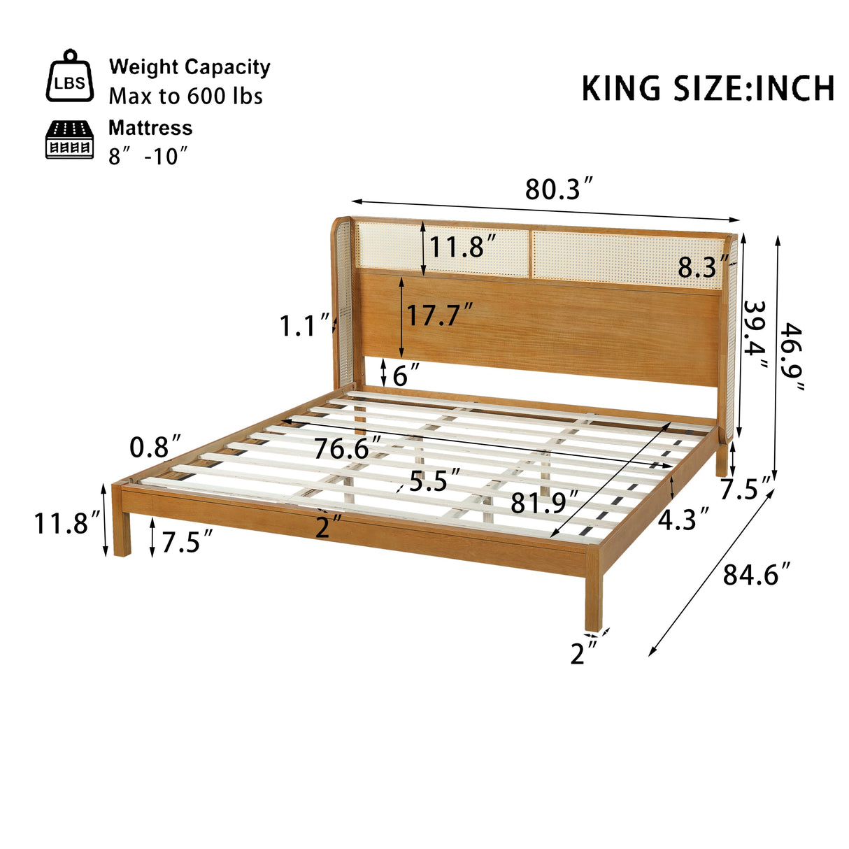 Premium Rubber Wood Platform Bed Frame with Headboard