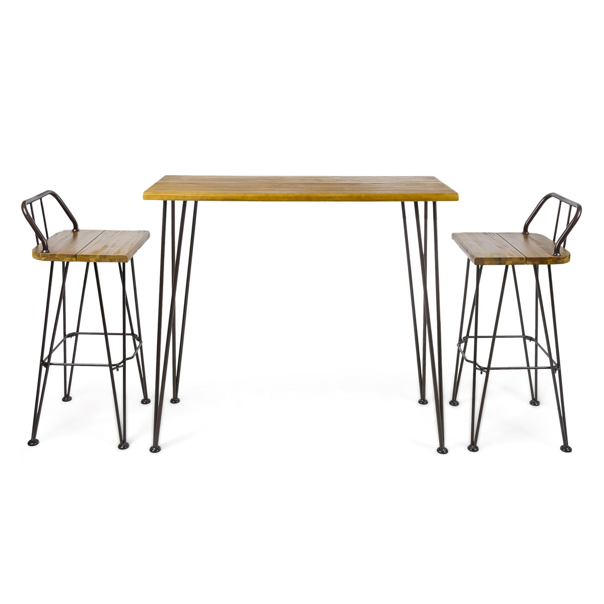 Dione Outdoor Industrial Acacia Wood Bar Set With Metal Frame And Slat Paneling - Brown