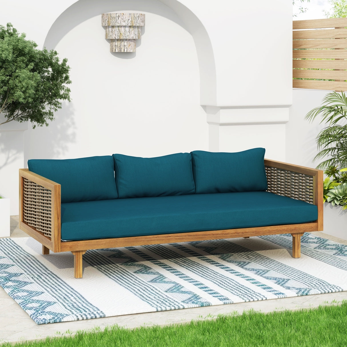 Claremont 3 Seater Daybed with Rattan Arms and Acacia Wood Frame