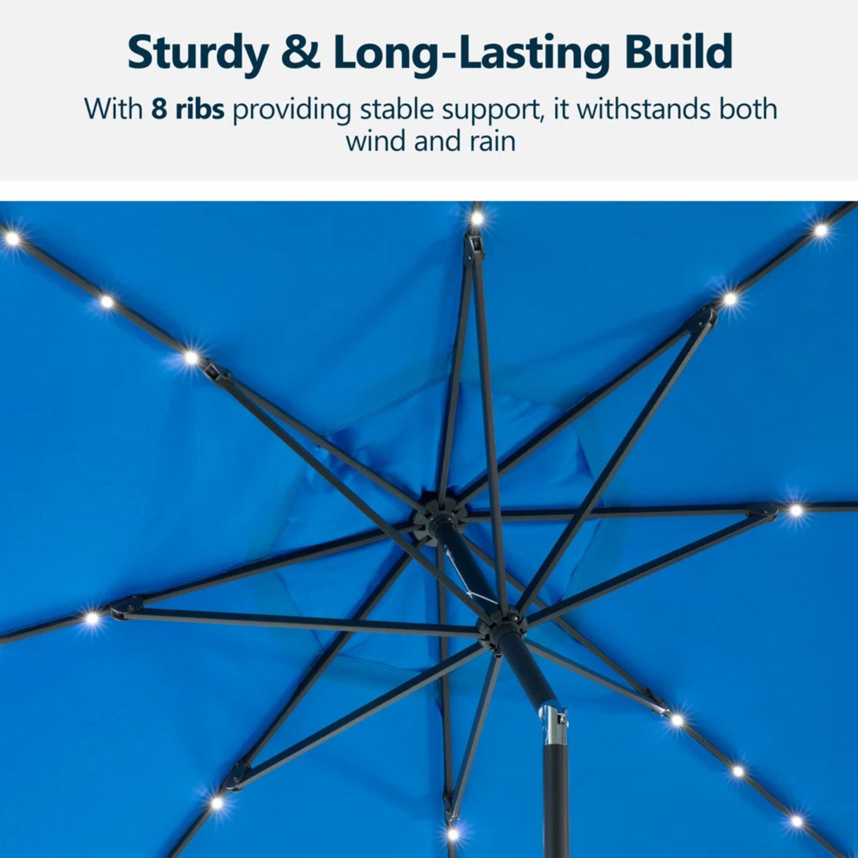Solar LED Patio Umbrella With Crank Lift And Tilt, 8 Ribs, UV Resistant Canopy For Pool, Backyard & Patio (Without Base) - Blue
