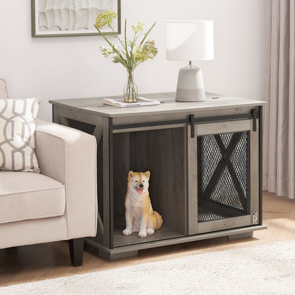 Farmhouse Dog Cage Crate Furniture with Sliding Barn Door,  Farmhouse Wooden Dog Kennel