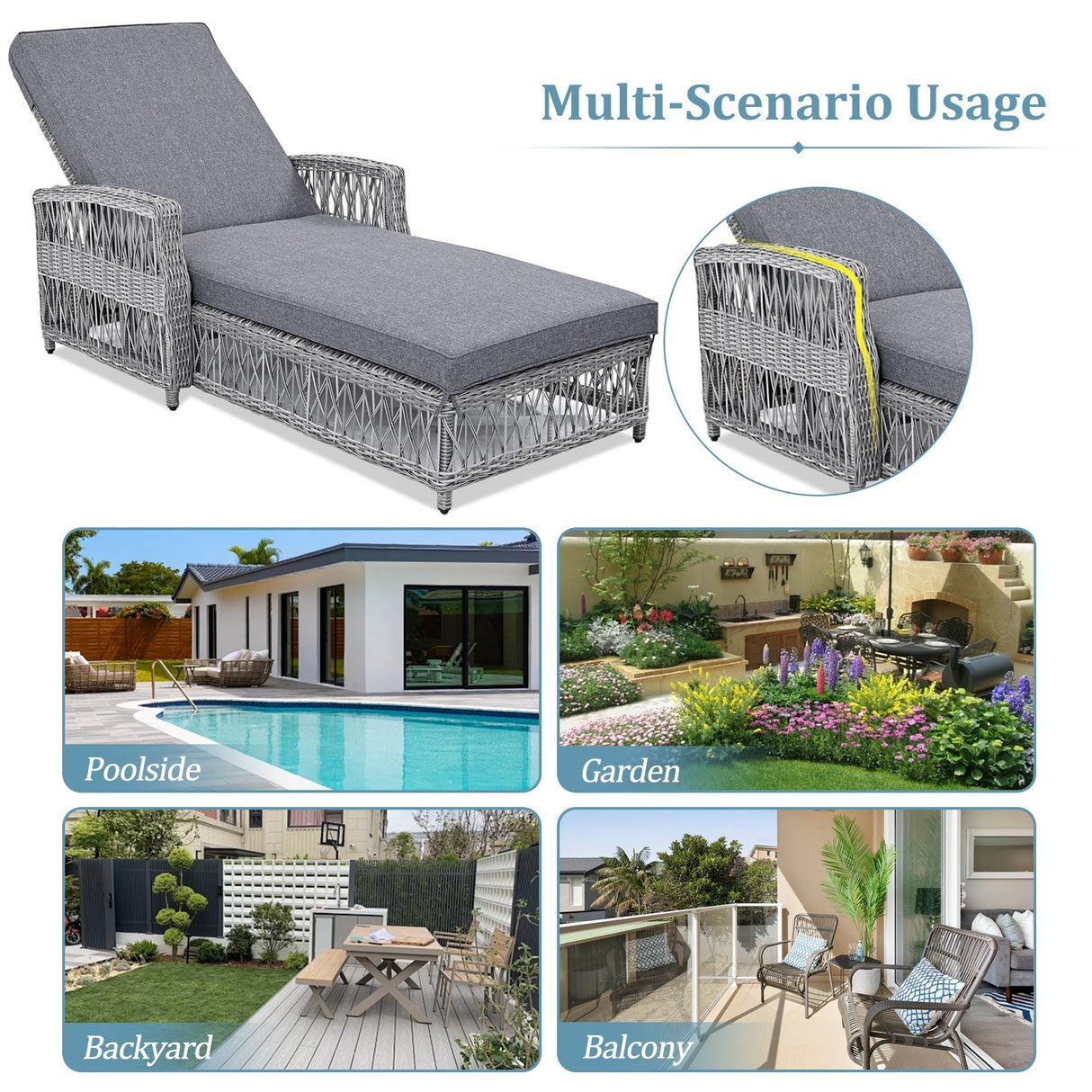 GO Outdoor Long Reclining Chaise with Armrests and Cushions