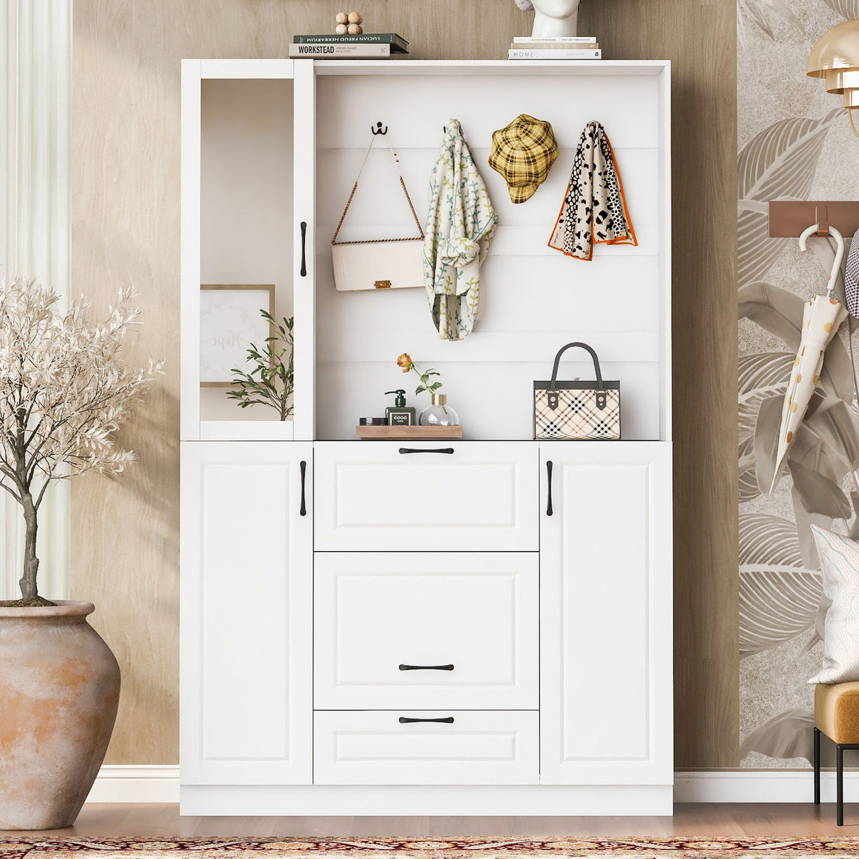 Entryway Bench With Integrated Shoe Cabinet, 3 In 1 Design And Mirrored Cabinet Door, Hall Tree With 4 Sturdy Hooks And Foldable Seat For Entrance, Living Room - White
