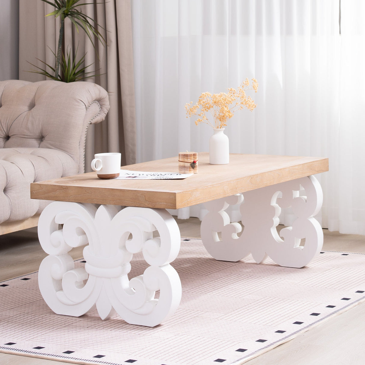 Ornate Wood Coffee Table – 47' Rectangular Farmhouse Style Table with White Carved Base and Natural Wood Top – Living Room Accent Table – Elegant Centerpiece for Modern or Traditional Decor