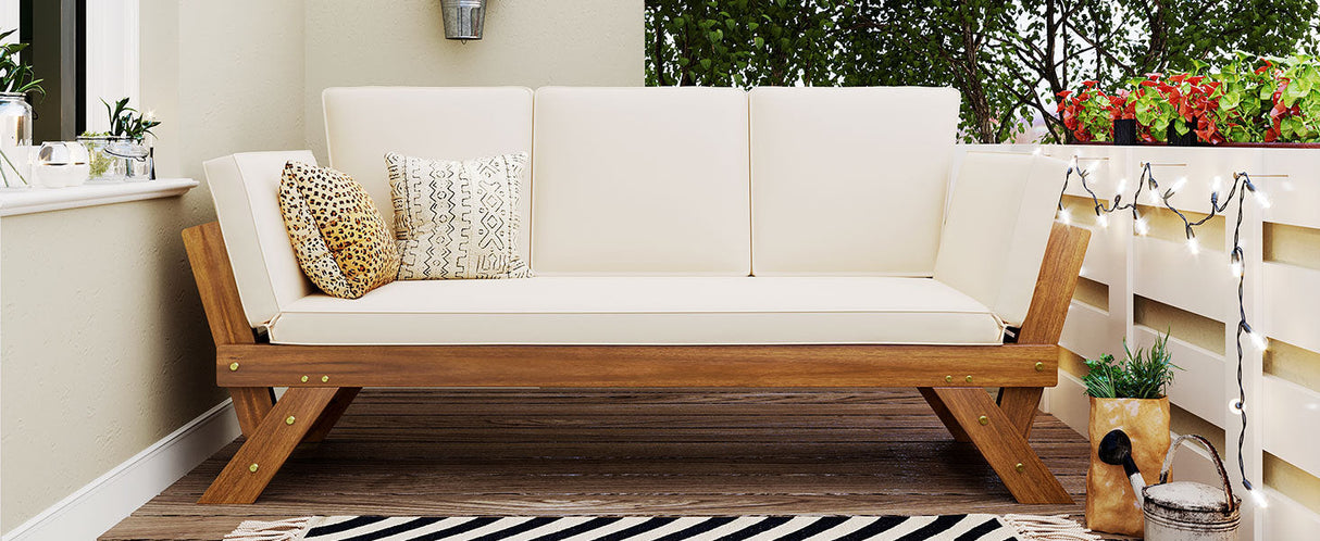 Topmax Outdoor Adjustable Patio Wooden Daybed Sofa Chaise Lounge with Cushions