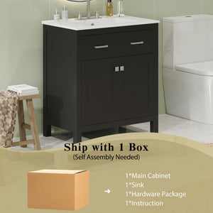 Bathroom Vanity With Ceramic Sink, Modern Single Bathroom Cabinet With 2 Doors And A Shelf, Soft Close Doors