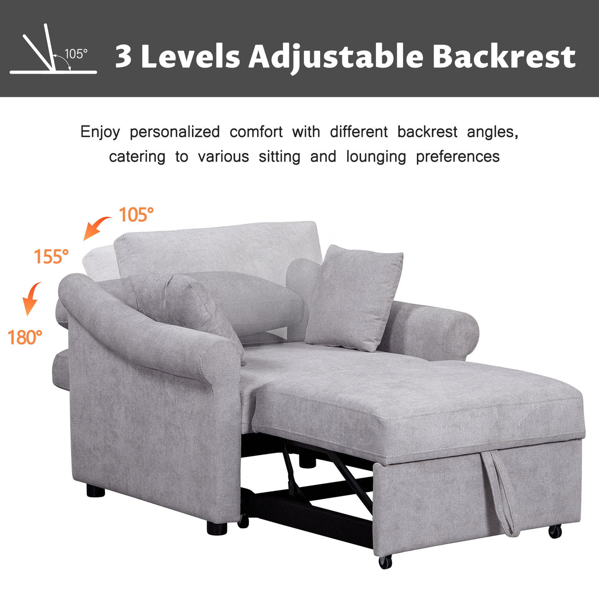 Convertible Sleeper Chair With Adjustable Backrest, 3 In 1 Lounger Chair Turns Into Bed, Single Bed For Living Room