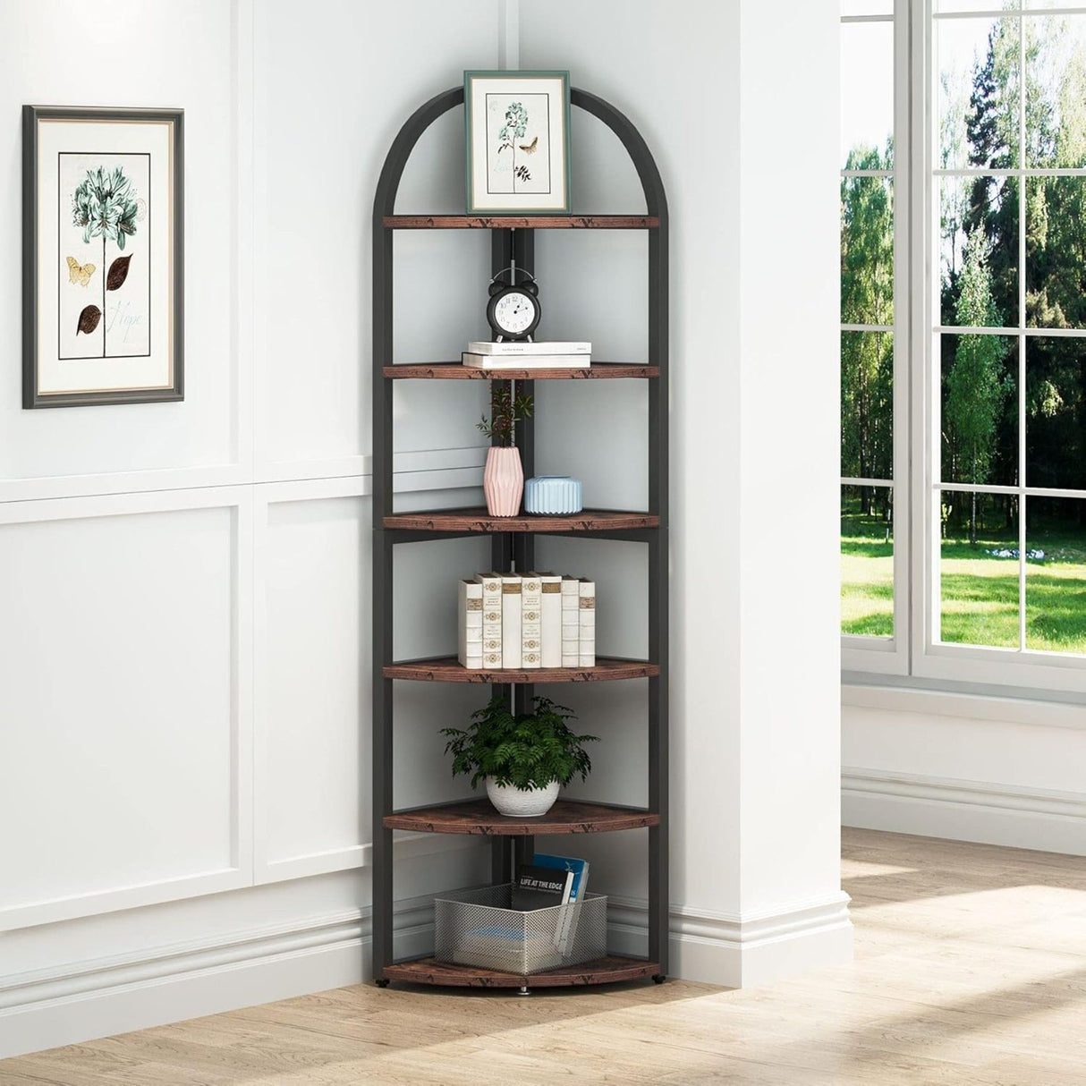 Tall 6 Tier Corner Shelf, Freestanding Bookshelf For Living Room - Rustic Brown