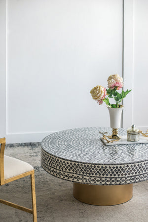 35x35x16' Unique Gray Black Ivory Capiz Coffee Table with Gold Pedestal Base