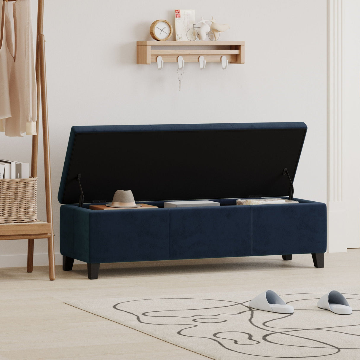 Velvet Storage Bench, Upholstered End Of Bed Storage Ottoman - Dark Blue
