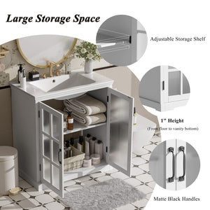 Modern Bathroom Vanity With Ceramic Sink, Tempered Blurred Glass Doors